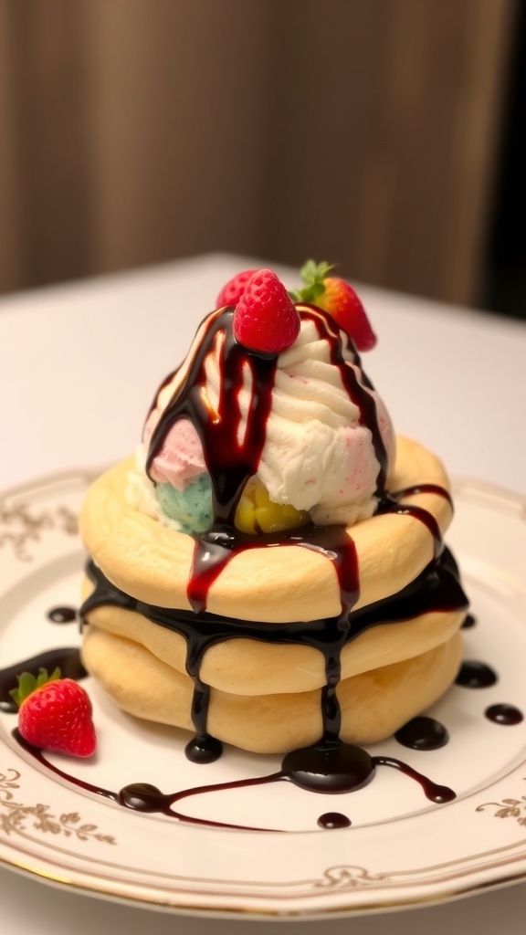 A stunning Baked Alaska with golden meringue, ice cream, and sponge cake, garnished with chocolate sauce and berries.